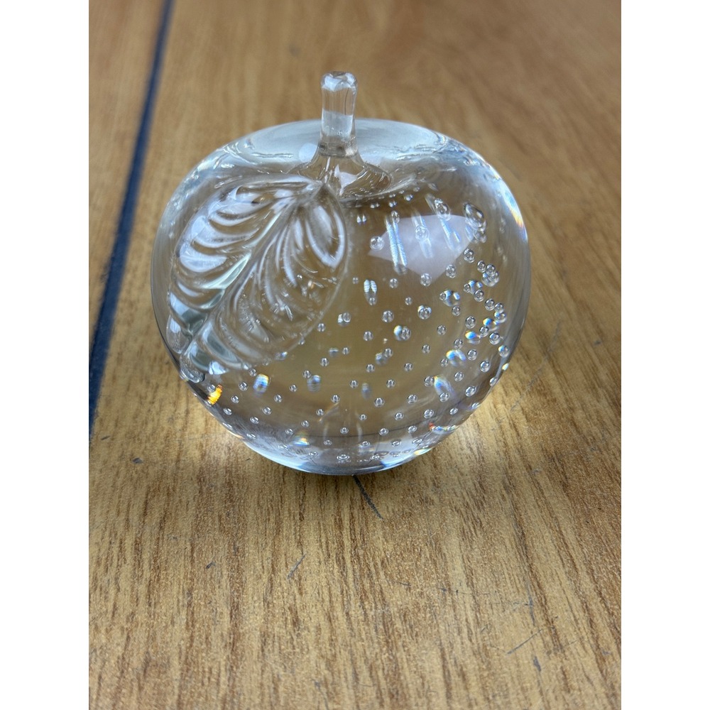 Clear Glass Apple Paperweight with Controlled Bubbles and Leaf Design